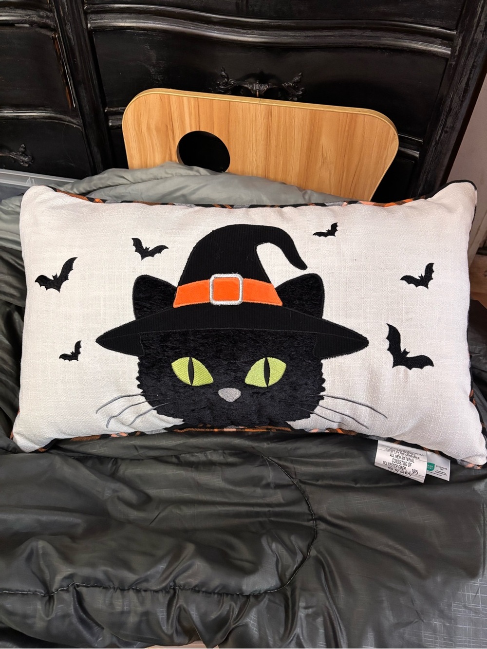 Black Cat Witches Hat Bat Halloween Pillow